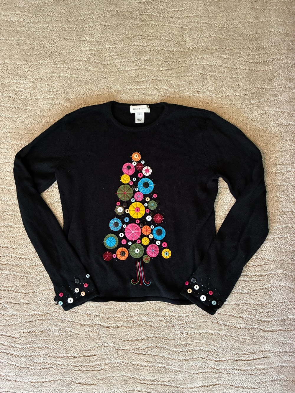Vintage Susan Bristol Felt + Button Whimsical Tree Folk Art Sweater Large